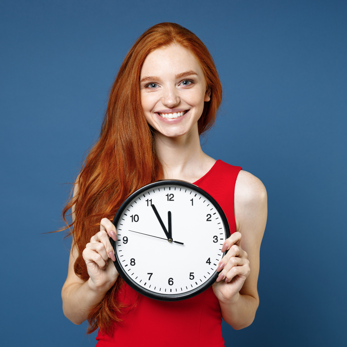 Young Woman Red Hair Holding Clock 1200X1200